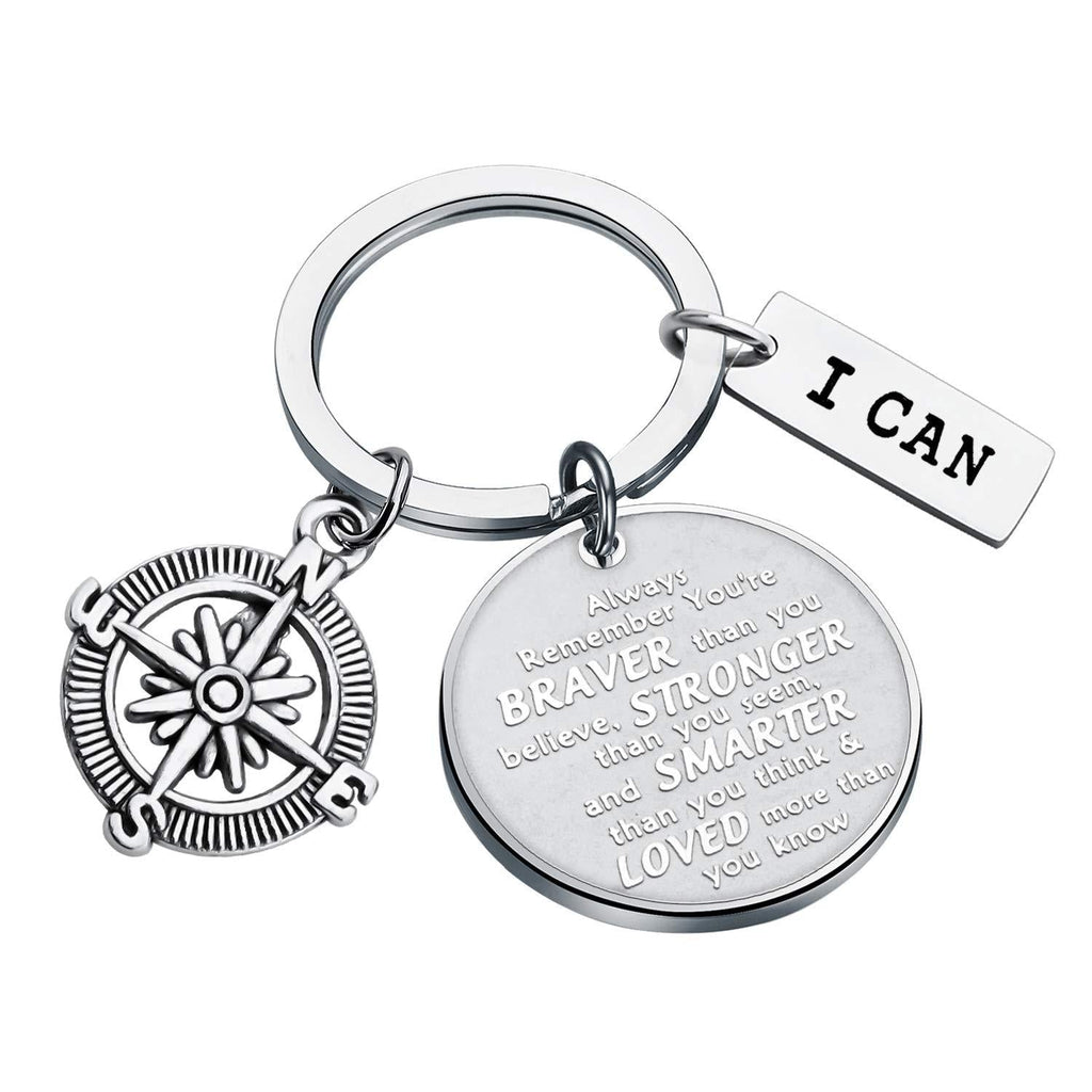 [Australia] - Inspirational Keychain You are Braver Stronger Smarter Than You Think Compass Keychain Graduation Gift Family Friend Students Kids Gifts silver 