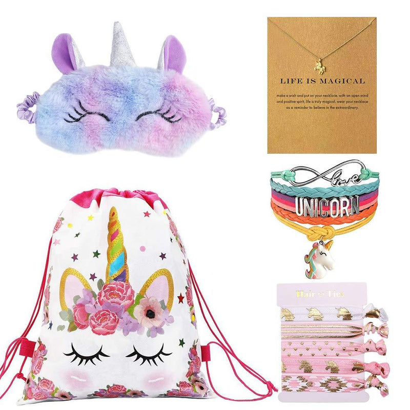 [Australia] - Qiuseadu Unicorn Gifts for Girls Unicorn Drawstring Backpack, Sleep Mask, Unicorn Necklace Bracelet, Hair Ties 