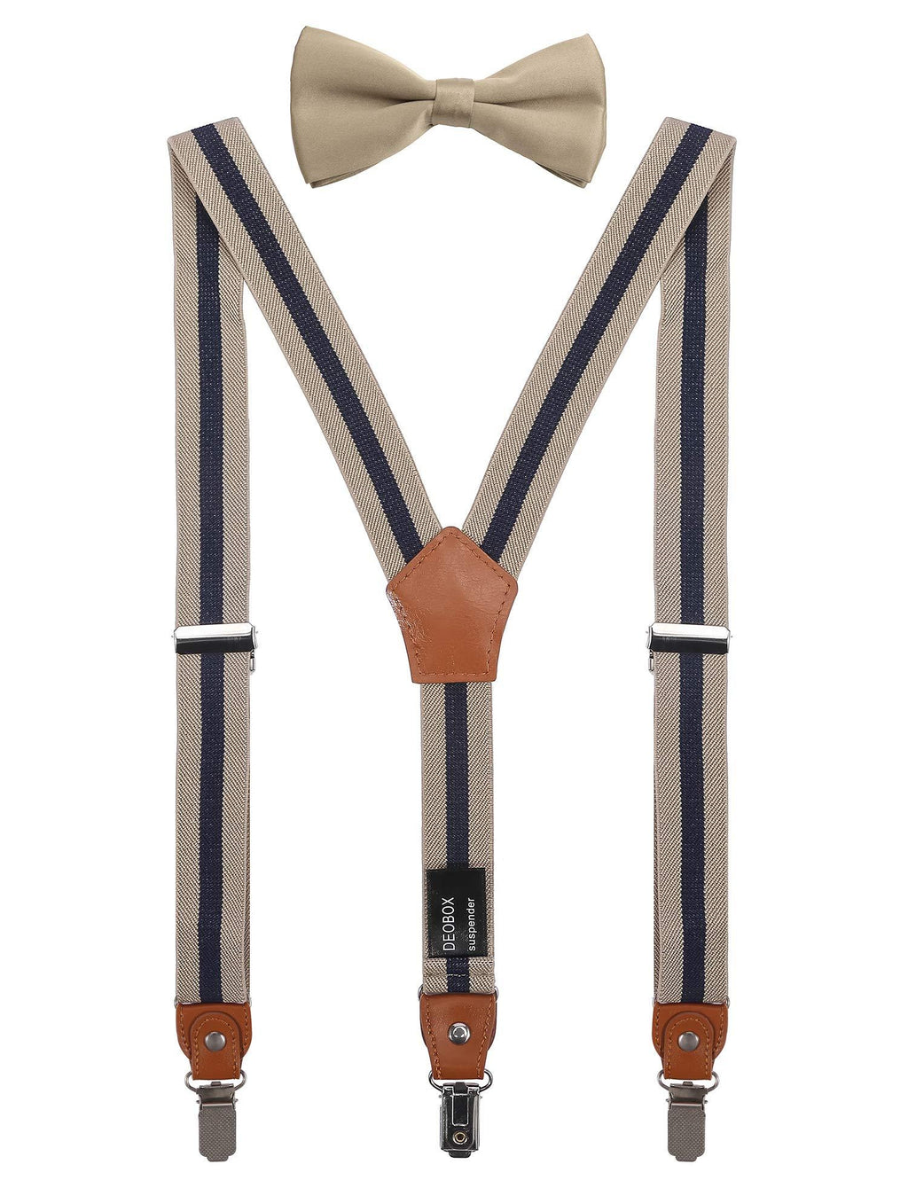 [Australia] - DEOBOX Suspenders for Boys & Bow Tie Set Adjustable with Strong Clips Beige Stripe S/24" fits 6t to 3 yrs 