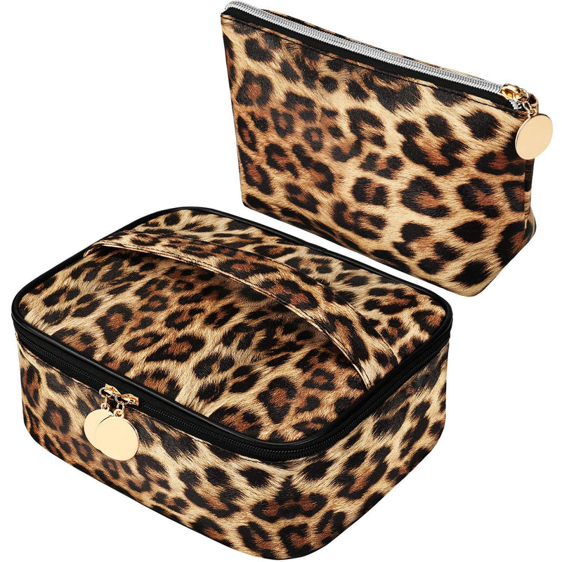 [Australia] - 2 Pieces Leopard Print Cosmetic Bag Cheetah Makeup Bag Leopard Brush bag Toiletry Travel Bag Portable Pouch Bag with Zipper for Women Girls 