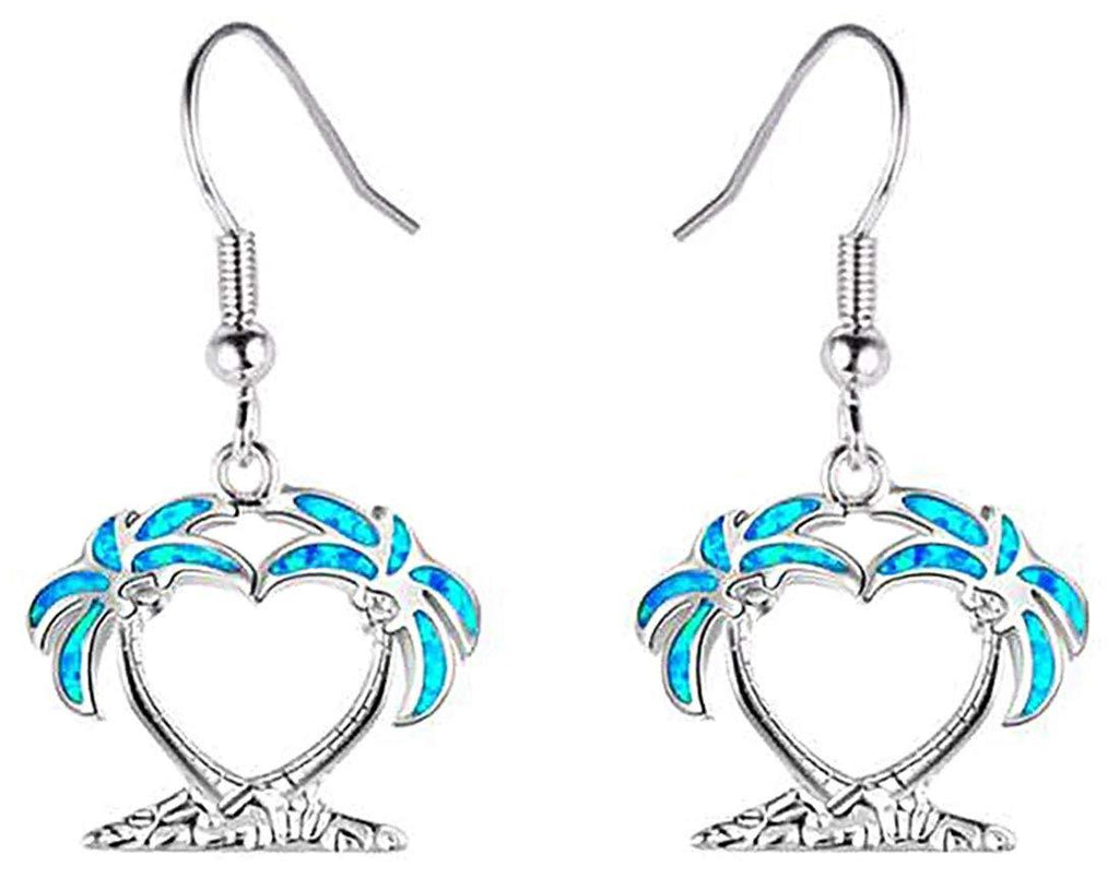 [Australia] - Sterling Silver Double Palm Tree Necklaces Pendant Earrings Blue Opal Pendant Perfect Birthday Present Blue Opal Silver Earrings 