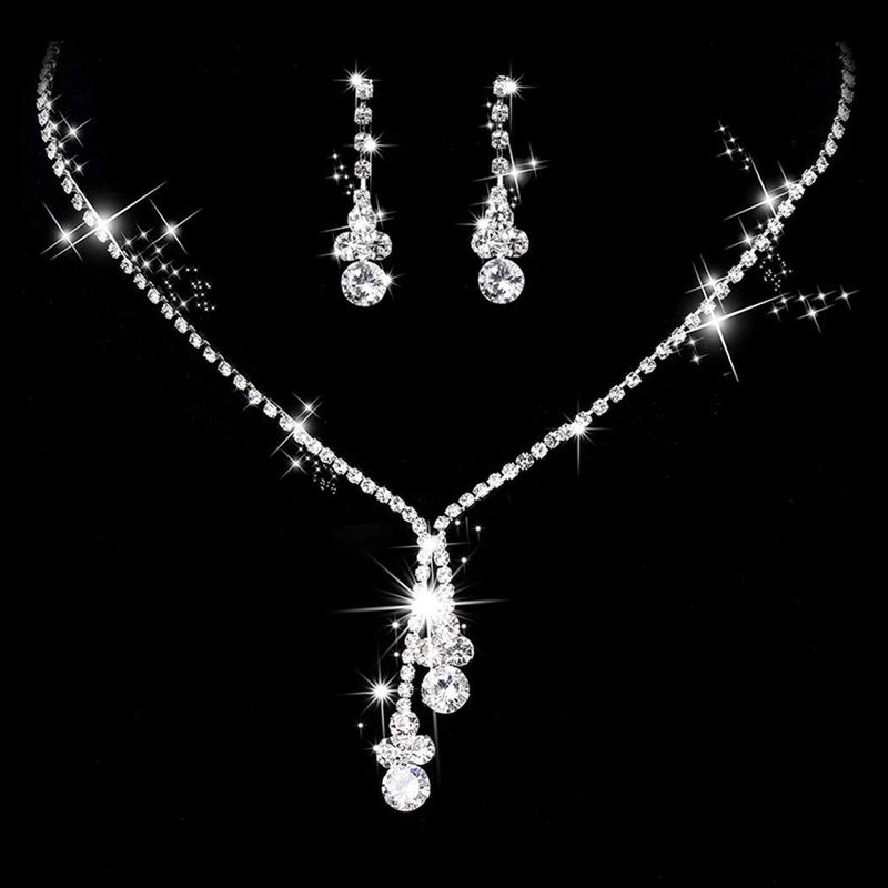 [Australia] - Aukmla Bride Wedding Necklace Earrings Set Silver Crystal Necklaces Rhinestone Necklaces Jewelry Accessories for Women and Girls Necklace-026 (Set of 3) 