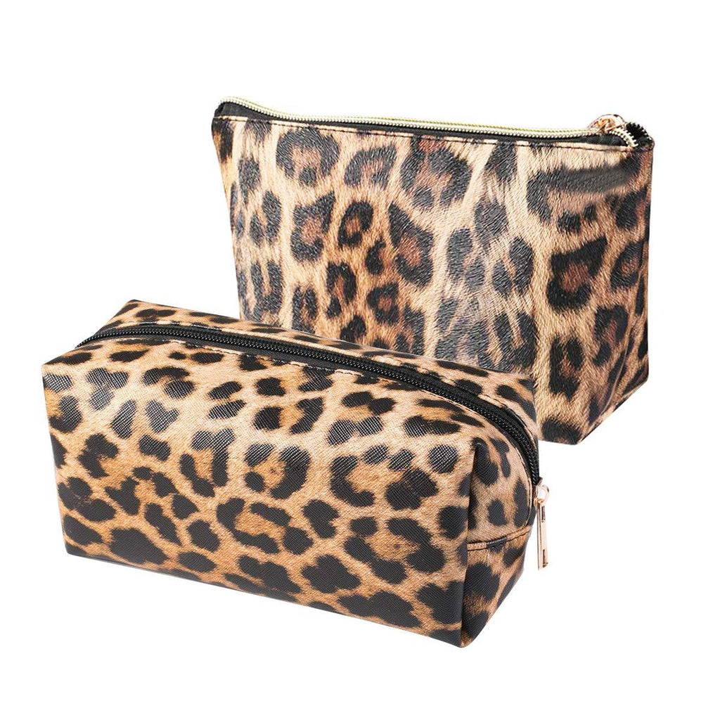 [Australia] - 2 Pcs Leopard Makeup Bag Travel Cosmetic Case Portable Multifunction Toiletry Bags Organizer Brushes Storage Bags with Gold Zipper for Women Girls Clutch Purse 