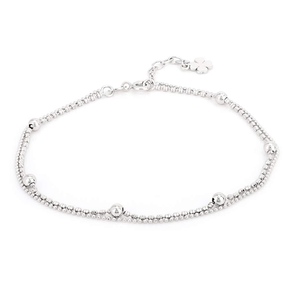 [Australia] - Vanbelle Sterling Silver Jewelry Double Layered Beaded Chain Anklet with Rhodium Plating for Women and Girls 