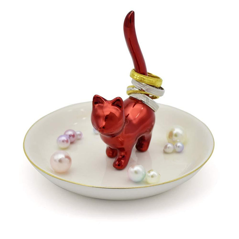 [Australia] - Exembe Lucky Cat Ring Holder Jewelry Dish Trinket Holder Fashion Bracelets Earrings Storage Tray for Women Girls Birthday Gift Metallic Red Color 