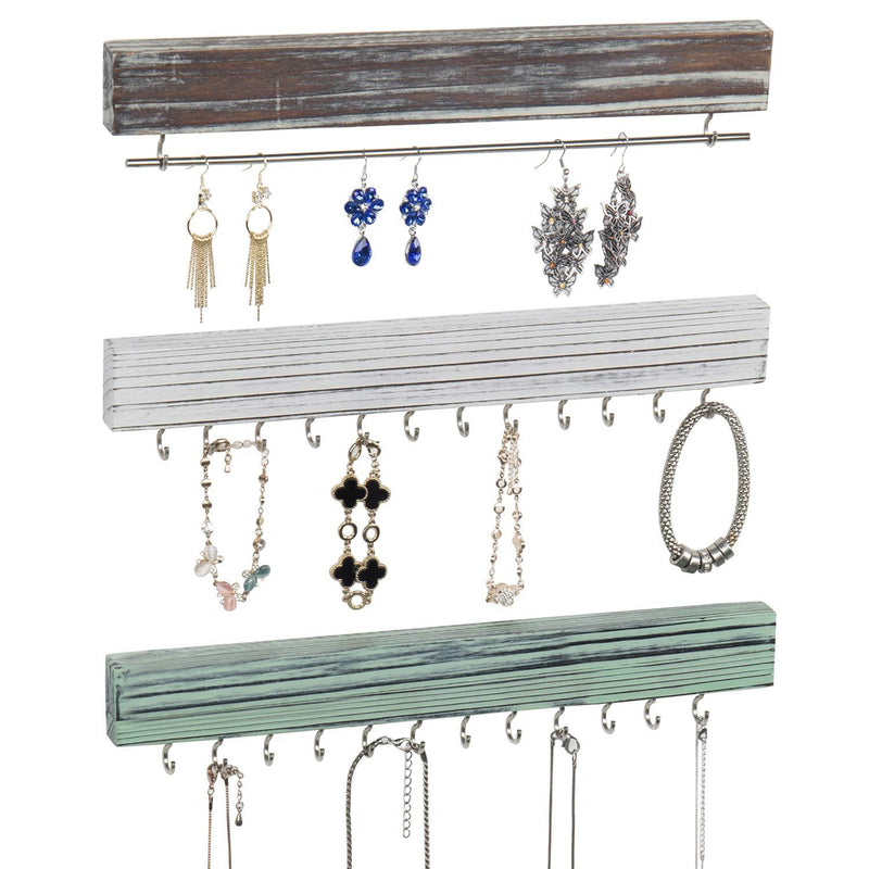 [Australia] - MyGift 24-Hook Wall Mounted Rustic Wood & Metal Jewelry Organizer Racks with Hanging Bar, Set of 3 