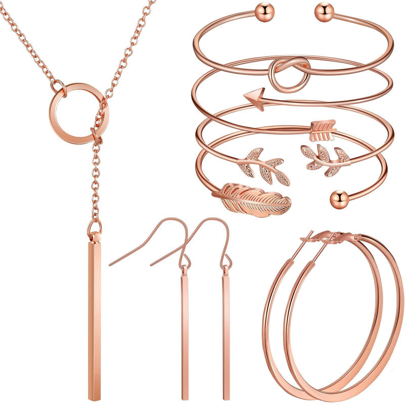 [Australia] - Hicarer Simple Bar Jewelry Set Vertical Bar Necklace Earrings Adjustable Cuff Bracelet Rose Gold 
