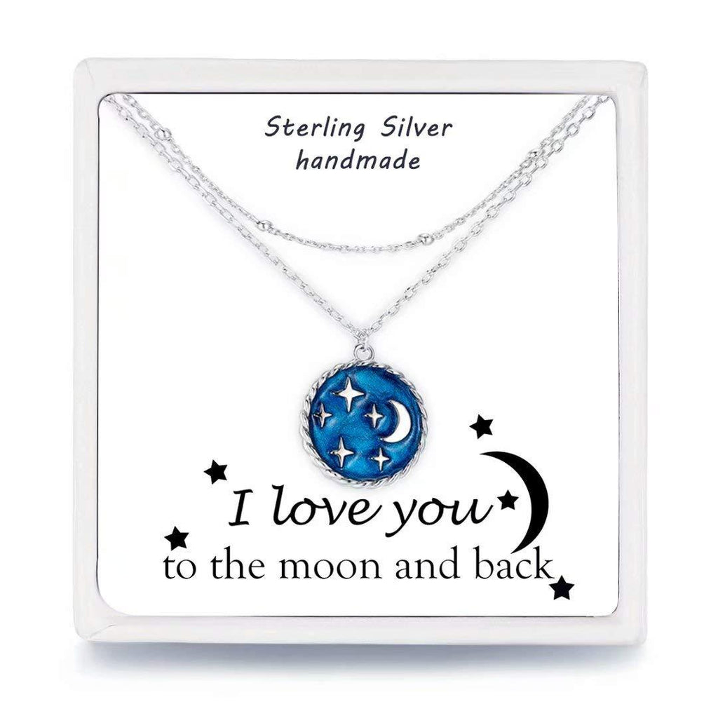 [Australia] - Presentski Star Layered Chain Choker Necklace Sterling Silver Blue Starry Sky Star Moon Pendant Double Layer Necklaces for Women Girls 