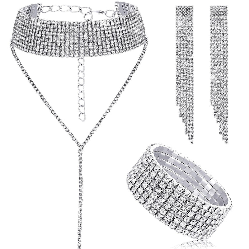 [Australia] - Hicarer Women Crystal Jewelry Set Bridal Wedding Rhinestone Choker Bracelet Dangle Earrings Silver 