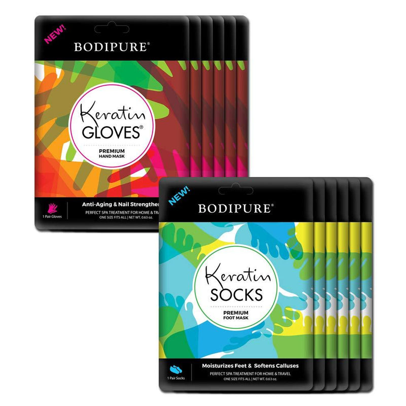 [Australia] - BODIPURE Premium Keratin Hand Mask & Foot Mask – Anti-aging Moisturizing Gloves & Socks for Dry Hands & Cracked Heels - Natural Ingredients – Pair in a Pack – (6+6 Pack) 
