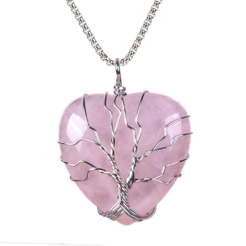 [Australia] - JUST IN STONES Gemstone Healing Crystal Tree of Life Wire Wrapped Love Heart Stone Pendant Necklace 20 Inch Rose Quartz 