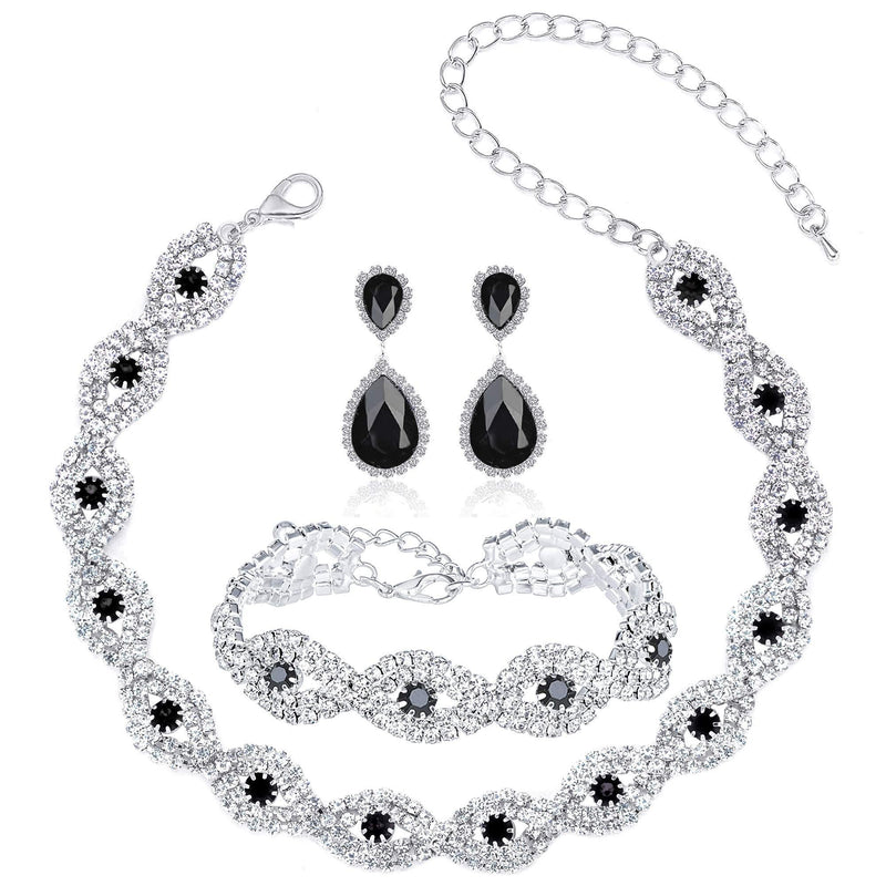 [Australia] - M MIRACULOUS GARDEN 2-4 Pack Rhinestone Crystal Choker Necklace Tiara Crown Link Bracelet Teardrop Dangle Earrings Jewelry Sets for Women Girls Silver:Bracelet+Choker Necklace+Earrings set 