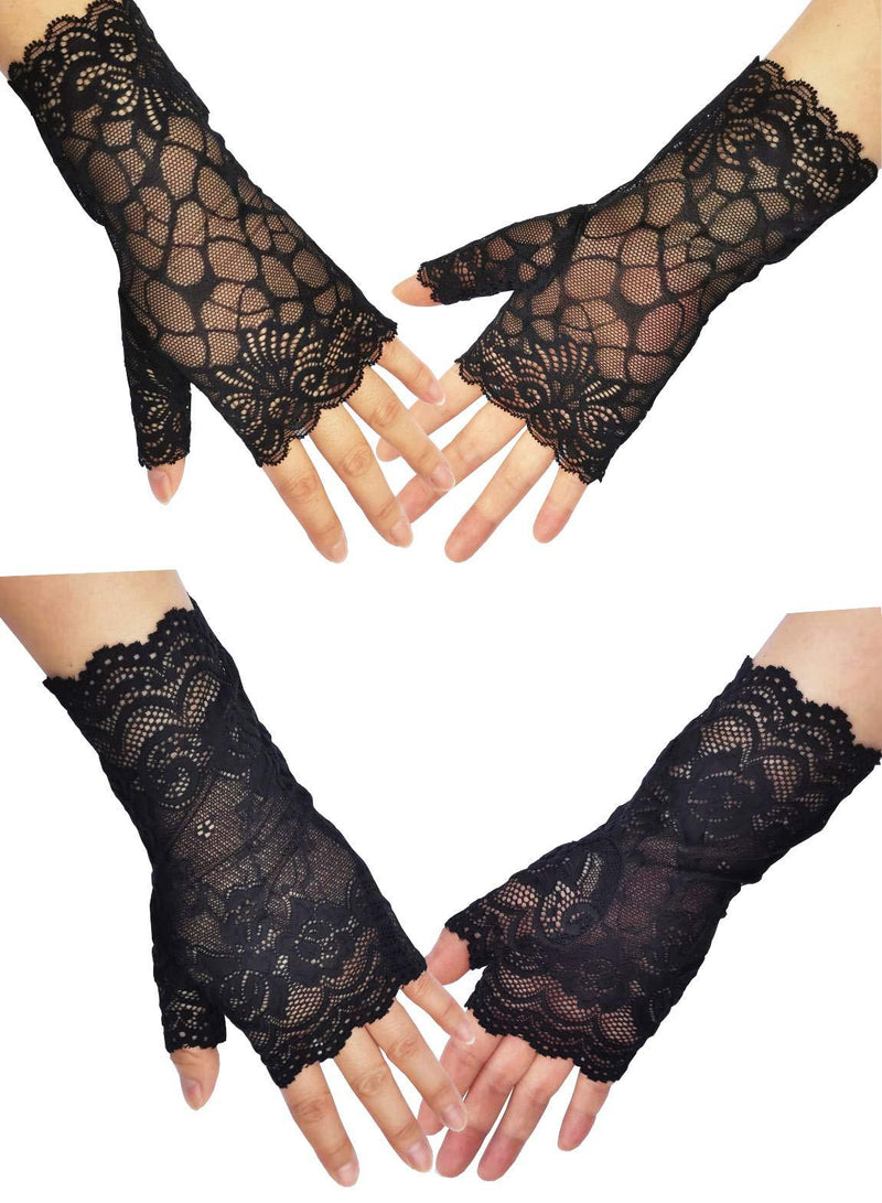 [Australia] - Women Lace Gloves Elegant Courtesy Glove for Wedding Dinner Parties（Many Styles） Black:short Fingerless B-2 Pairs 