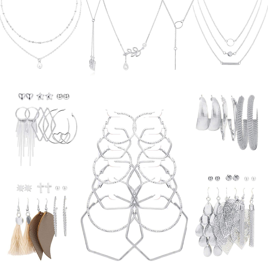 [Australia] - JOERICA Necklace and Earring Jewelry Set with 27 Pairs Ball Dangle Hoop Stud Earrings and 5 PCS Layered Necklaces for Women Fashion Jewelry and Valentine Birthday Party Gift A: Silve Tone 