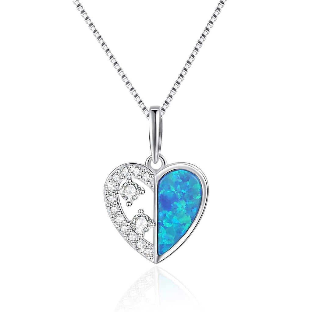[Australia] - VANLAMS Opal Necklace for Women Sterling Silver Created Opal Birthstone Love Heart Pendant Necklace Gifts for Girls CZ & Blue 