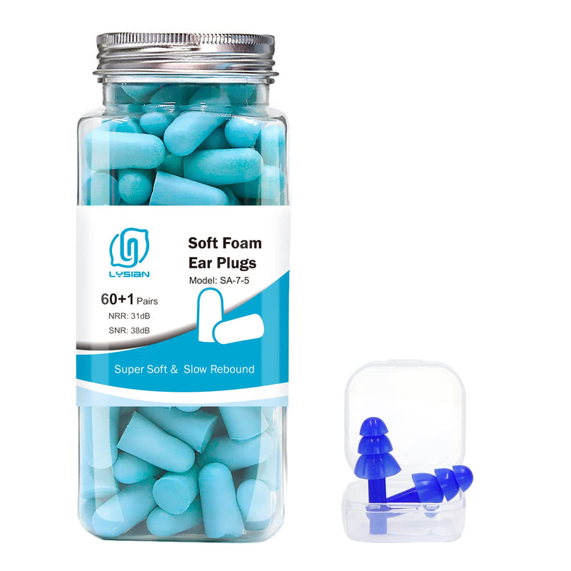 [Australia] - Lysian Ultra Soft Foam Earplugs 60 Pairs, 38dB SNR Ear Plugs for Sleeping, Travel, Shooting (Lake Blue) Lake Blue 