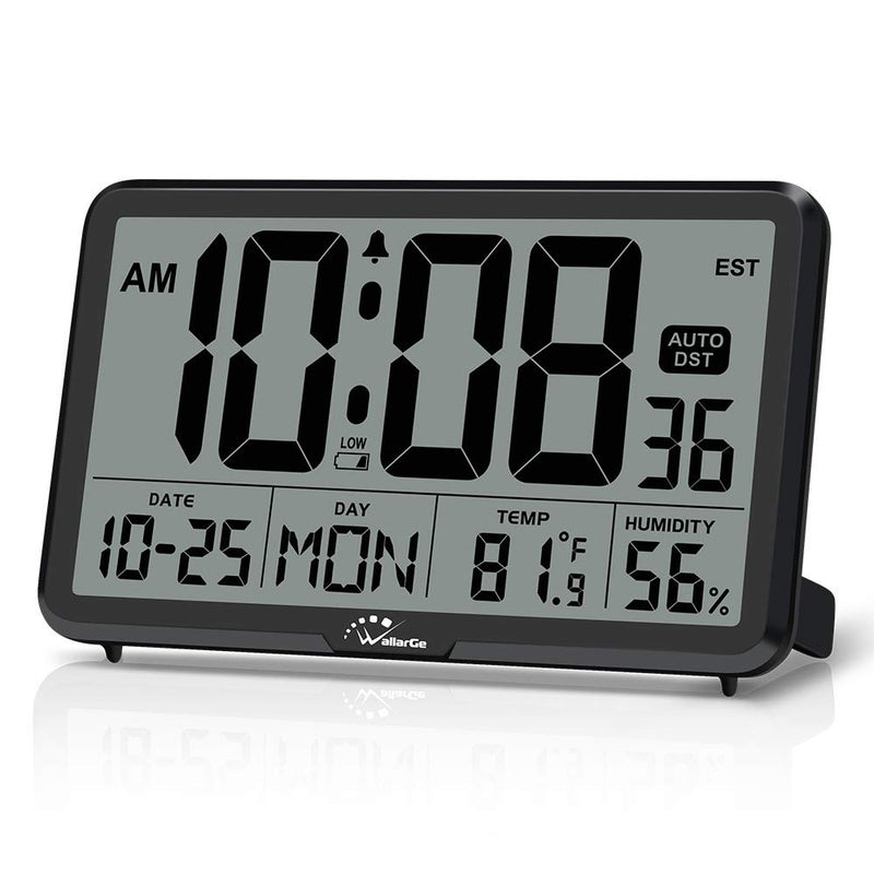 [Australia] - WallarGe Auto Set Digital Wall Clock Battery Operated,Desk Clocks with Temperature,Humidity and Date,Large Display Digital Calendar Alarm Clock for Elderly,Bedroom,Office,8 Time Zone, Auto DST. Black 