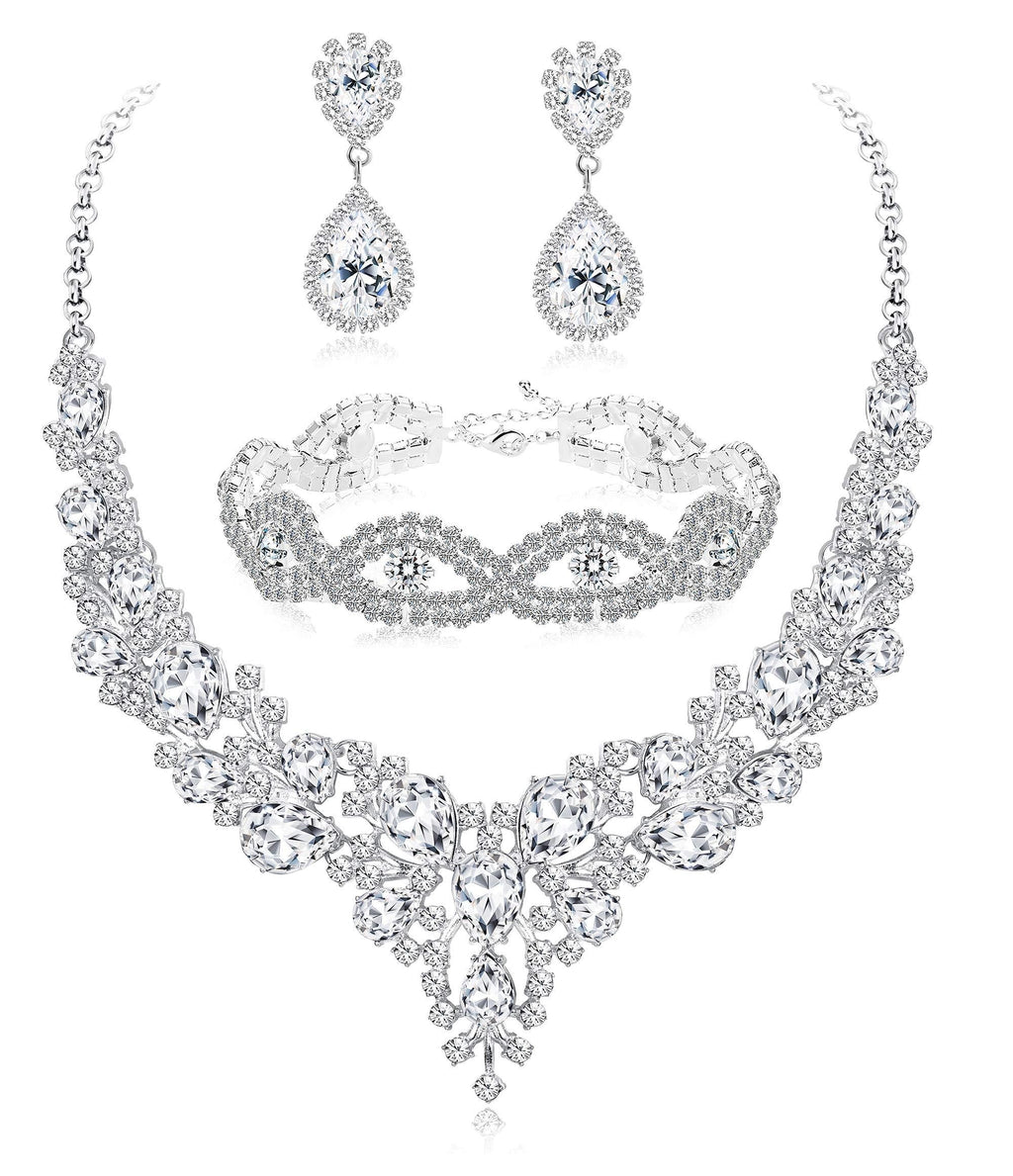 [Australia] - LOLIAS Bridal Austrian Crystal Necklace Link Bracelet Statement Necklace Dangle Earrings Jewelry Set Gifts fit with Wedding Dress A:White A 