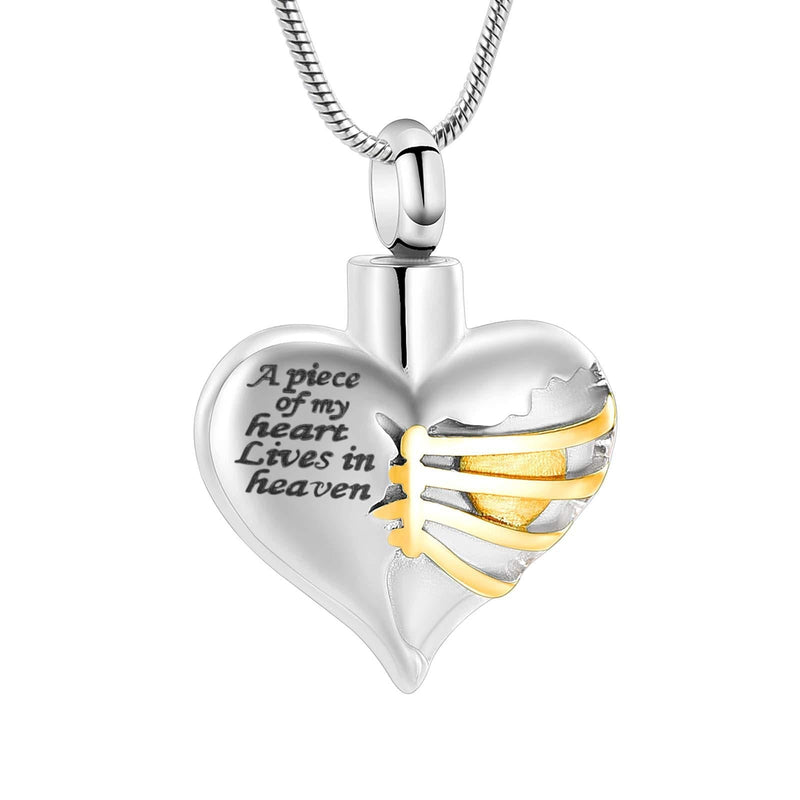 [Australia] - Heart Cremation Urn Necklace Pendant for Human Ashes - A Piece of My Heart Lives in Heaven Memorial Keepsakes Cremation Jewelry Gold 