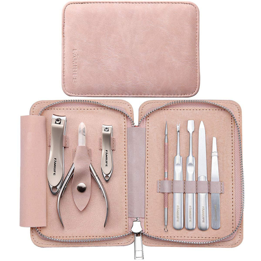 [Australia] - FAMILIFE Manicure Set, 8 in 1 Professional L13 Manicure Kit Nail Clipper Set Stainless Steel Pedicure Tools Kit Portable Grooming Kit with Pink Leather Travel Case for Women Girl Light Pink 