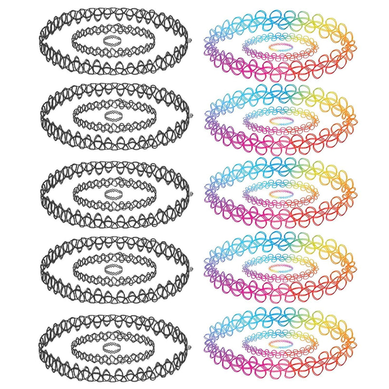 [Australia] - BodyJ4You 30PC Choker Necklace Bracelet Ring Set Multicolor Stretch Elastic Jewelry Girls Kids Gift Black, Rainbow 