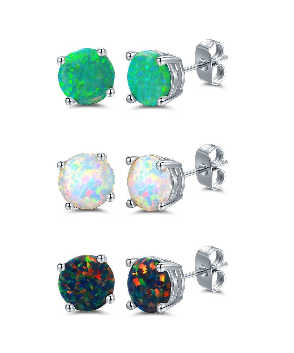 [Australia] - Barzel 18K White Gold Plated Created Opal Stud Earrings 3 Pack Set Multicolor 