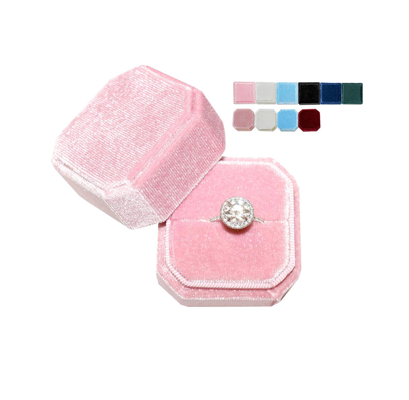 [Australia] - Flowers & Bliss Velvet Square Bevel Single Ring Box, Photography Prop, Vintage Wedding Ceremony Ring Box Detachable Lid, Engagement, Modern, Single Ring Box (Pink Bevel, Single Ring Box) Pink Bevel 