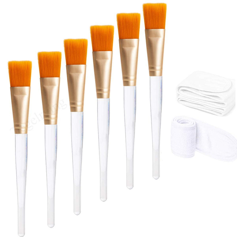 [Australia] - Facial Brush,6 Pcs Soft Fiber Face Brushes Mud Applicator Clear Handle With 2 Pieces White Spa Headband for Face Wash Applying Lotion,Eye Peel Makeup Tools,Gold 6 Gold 