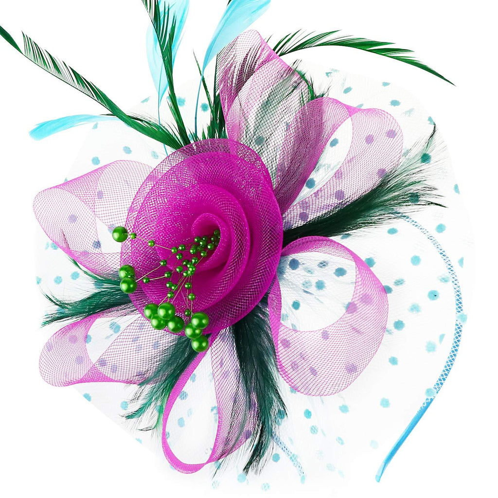 [Australia] - DRESHOW Fascinators Hat Flower Mesh Ribbons Feathers on a Headband and a Clip Tea Party Headwear for Girls and Women Za 7" Diameter/ Green Deeppink Blue 
