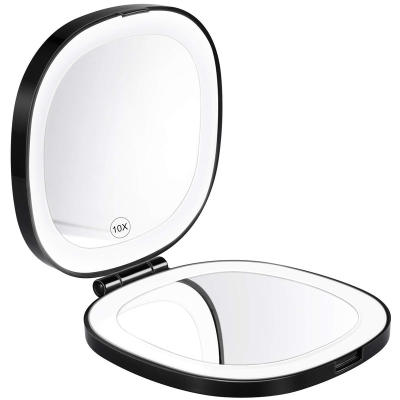 [Australia] - KEDSUM Lighted Travel Makeup Mirror, 1X/10X Magnifying Compact Mirror with Rechargeable LED Lights, Dimmable Double Sided Folding Mirror, Portable, Large, Daylight, USB Charging (Black) Black 