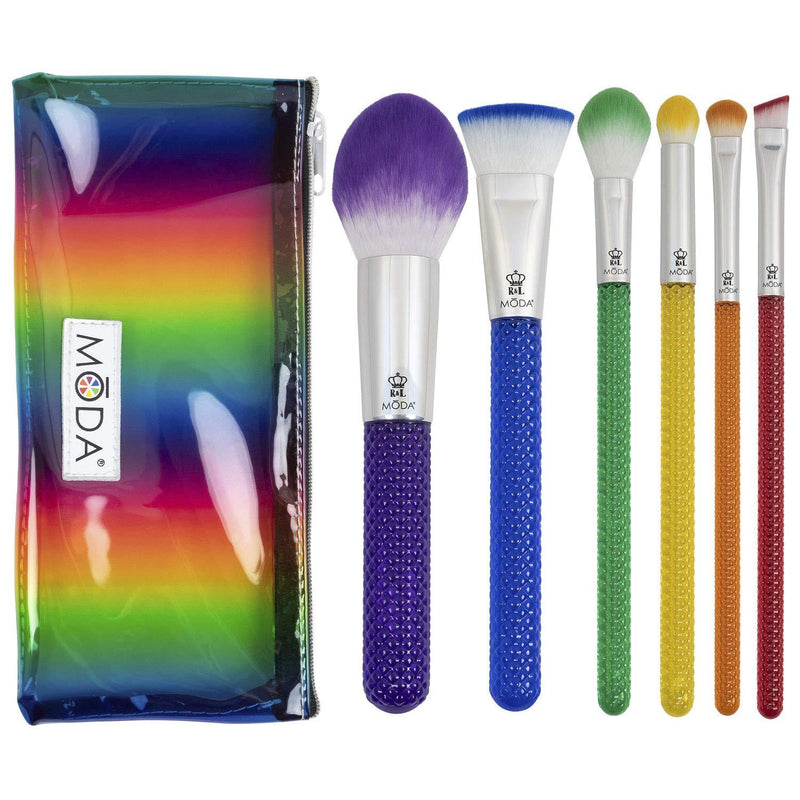[Australia] - MODA Full Size Rainbow 7pc Makeup Brush Set with Pouch, Includes - Powder, Precision Contour, Highlighter, Super Crease, Small Shader and Brow Designer Brushes, Multicolor 