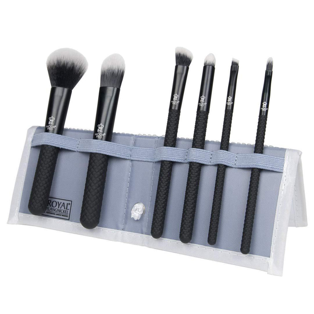 [Australia] - MODA Pro Total Face Travel Size Makeup Brush Set with Pouch, Includes - Powder, Foundation, Angle Shader, Smoky Eye, Brow Liner and Pointed Lip Brushes, Black 