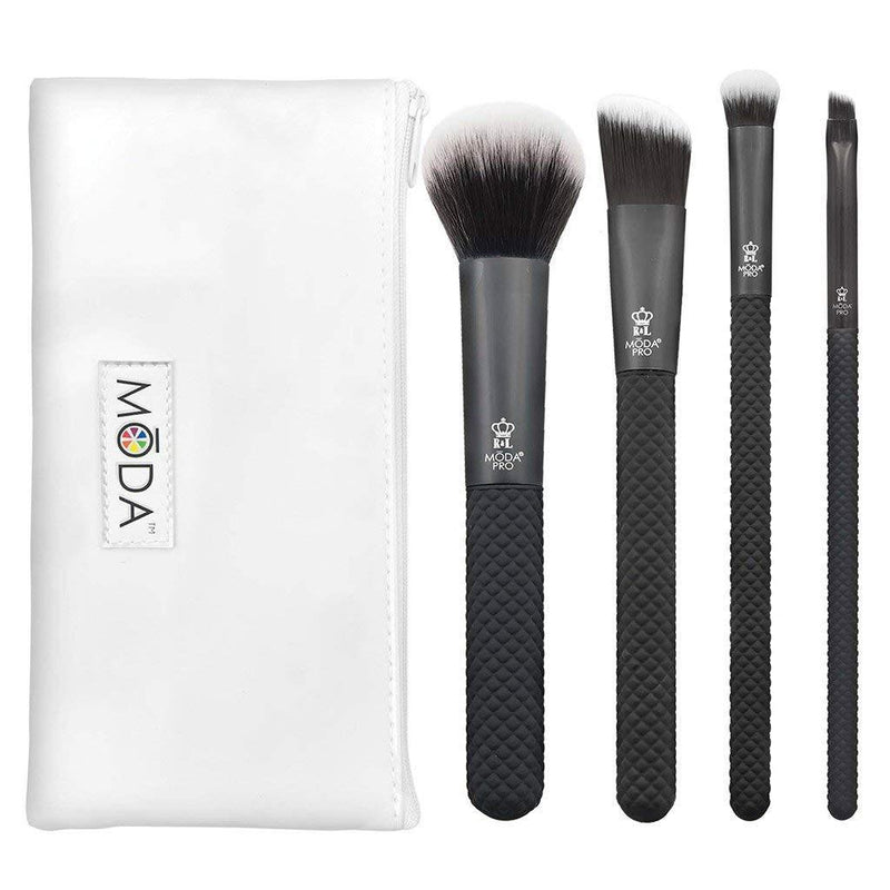 [Australia] - MODA Pro Full Size Everyday 5pc Makeup Brush Set with Pouch, Includes - Multi-Purpose Powder, Angle Foundation, Domed Shadow, and Angle Eyeliner Brushes, Black 