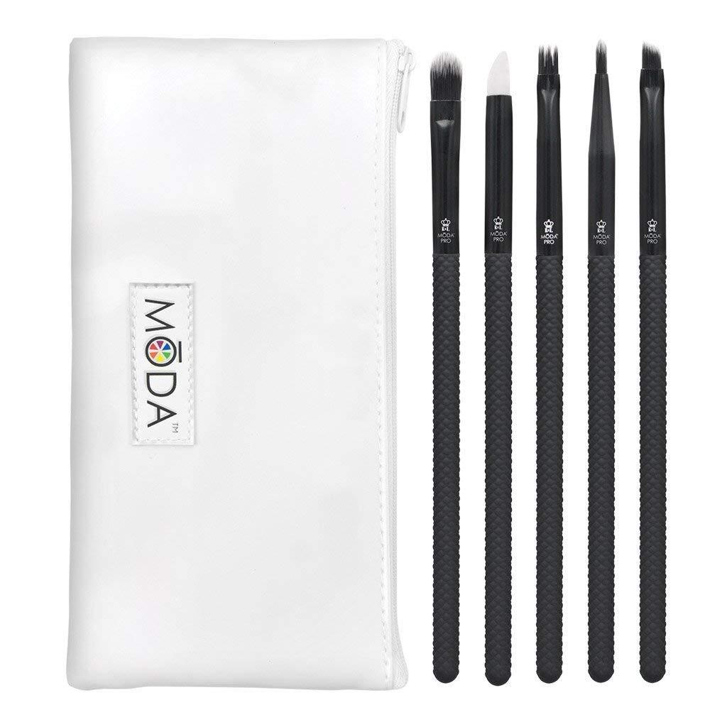 [Australia] - MODA Pro Full Size Graphic Eye 6pc Makeup Brush Set with Pouch, Includes - Concealer, Glam Topper, Wisp, Pointed Liner, and Angled Liner Brushes, Black 