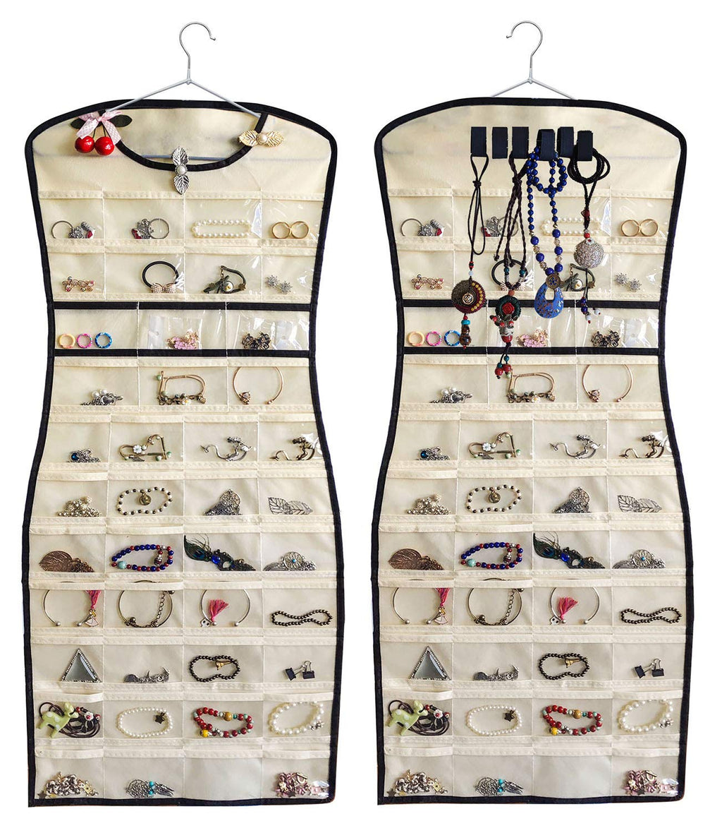 [Australia] - JSXD Hanging Jewelry Organizer,Dress-Like Double Side 84 Clear Pockets and 6 Hook Loops Storage for Holding Jewelries (Beige) Beige 