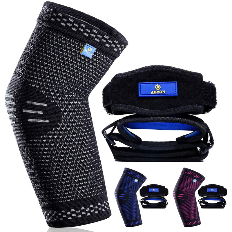 [Australia] - ABYON Professional Elbow Compression Sleeve(1pcs) +Tennis Elbow Brace (2pcs)- (Shipped from USA) ,Elbow Support Gear for Sports or Daily Use to Reduce Joint Pain and Treat Tendonitis | Tennis Elbow | Golfer's Elbow | Arthritis Large Black 