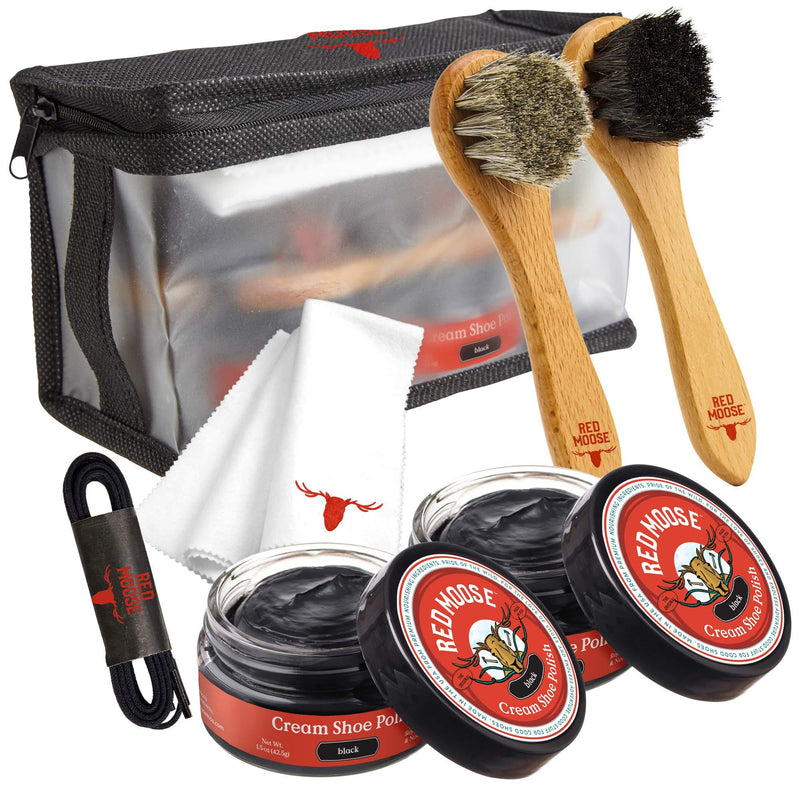[Australia] - Full Leather Shoe Polish Kit – 2x Brush, Buffing Cloth, Travel Case, Laces - Red Moose Black 