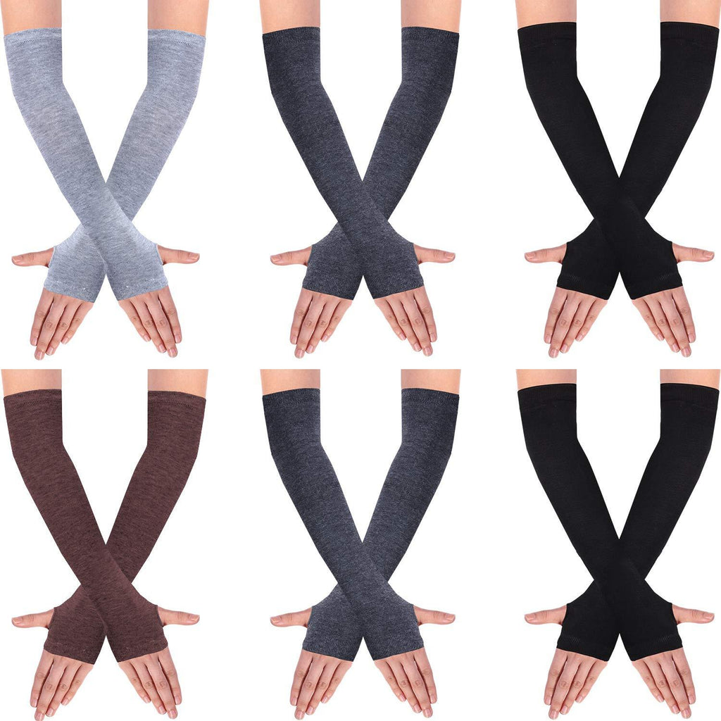 [Australia] - 6 Pairs Women Long Fingerless Gloves Knit Arm Warmer Thumb Hole Stretchy Gloves Assorted Color 