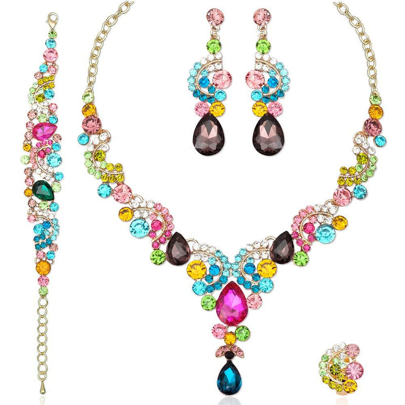 [Australia] - CSY Elegant Crystal Necklace Earrings Bracelet Ring Bridal Wedding Party Costume Jewelry Sets for Brides Women 4 Pcs/Set-Gold Plated - Multicolor 