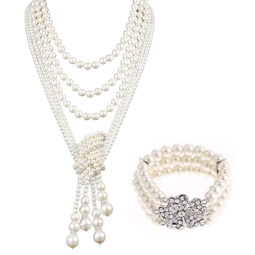 [Australia] - 1920s Gatsby Pearls Necklace Pearls bracelet Accessories Jewelry Set for women Gatsby Flapper Costume 1920s Vintage Party 