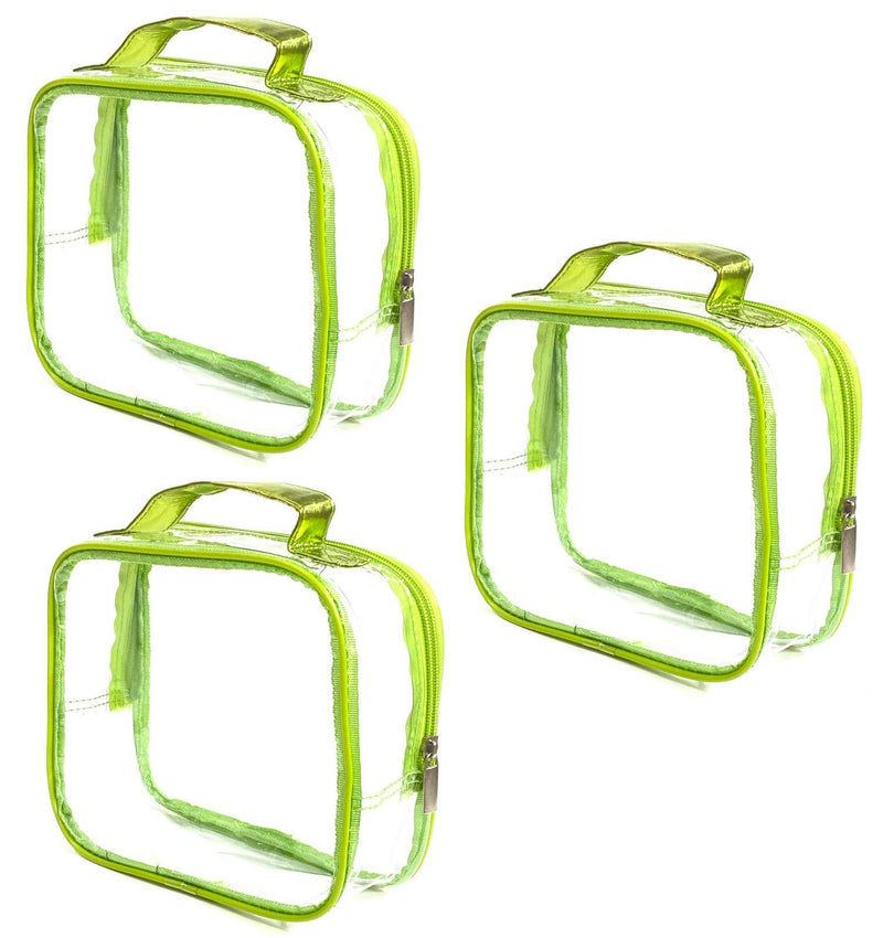 [Australia] - 3 AZi TSA Approved Toiletry Bag Crystal Clear w Zipper Green Handle 3-1-1 Carry On Airport Airline Compliant Bag Stadium Travel Cosmetic Makeup First Aid Medication Charger Organizer Gym School Locker 