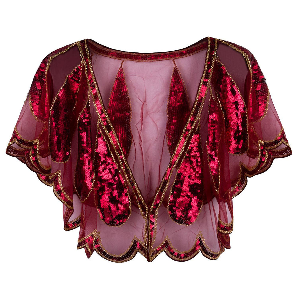 [Australia] - VIJIV Women's 1920s Shawl Wrap Art Deco Sequin Beaded Evening Cape Bolero Flapper Cover Up One Size Red 