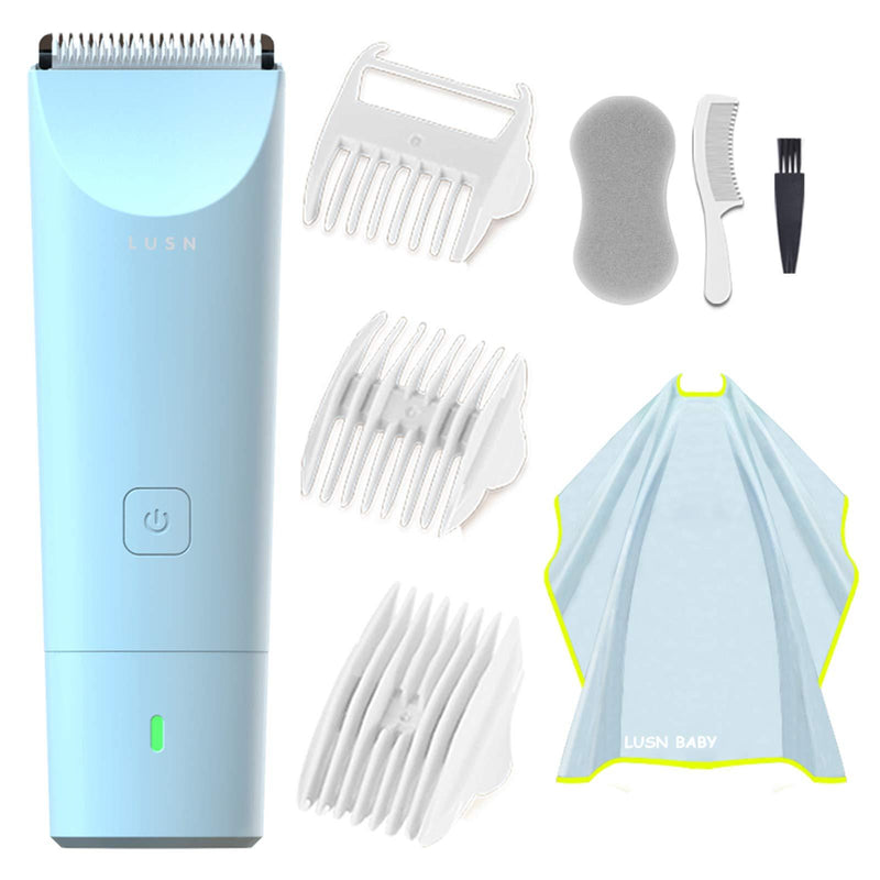 [Australia] - LUSN Baby Hair Clippers Kit, Ultra-Quiet 2.0 Kids Hair Trimmer Kit with 3 Guide Combs & a Haircut Cape, IPX7 Waterproof, Cordless & Fast Charging, for Toddler and Baby Use Classic Blue 