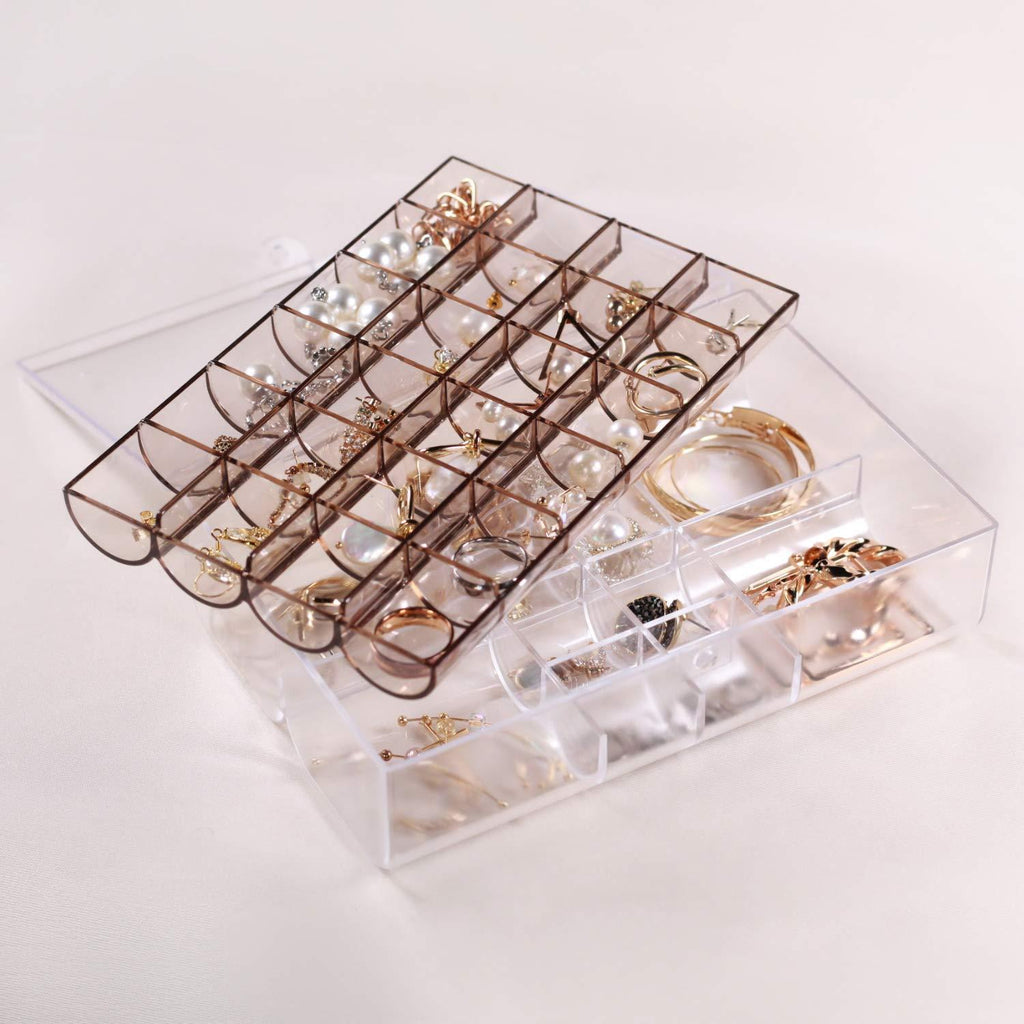 [Australia] - Mymazn Plastic Clear Jewelry Organizer Box for Women, Girls | Small Jewelry Case Storage Bracelets, Rings, Earrings Holder Tray with Lid (2 Layer, Brown) 2-Layer, Light Brown 