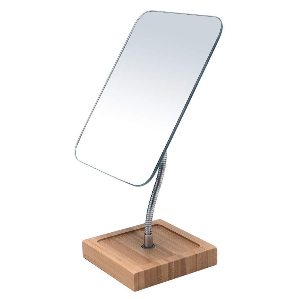 [Australia] - YEAKE Flexible Gooseneck Bamboo Vanity Makeup Mirror,360°Rotation 8" Large Frameless Vanity Mirror Folding Portable Table Desk Mirror with Stand Bathroom Shaving Make Up Mirrors Rectangle Rectangle(Natural Bamboo & Gooseneck Mirror) 