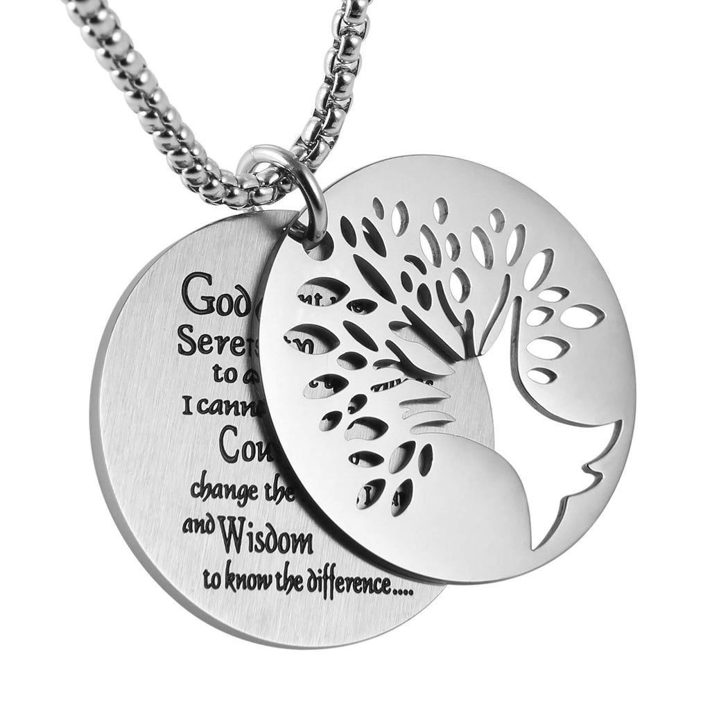 [Australia] - HZMAN Two Piece Serenity Prayer Stainless Steel Pendant Necklace with Tree of Life Cut Out 22+2" Chain Round Silver 