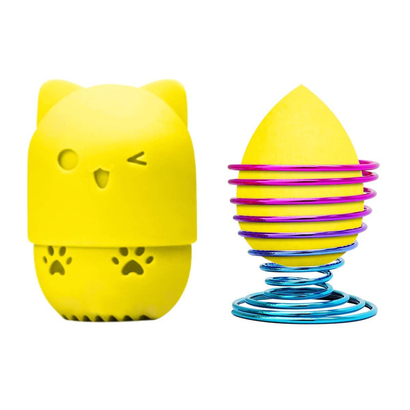 [Australia] - Fercaish Makeup Sponge Container, Sponge Holder and Soft Makeup Sponge,Cute Kitty Silicone Travel Carrying Case Set(3Pcs) (Yellow) Yellow 