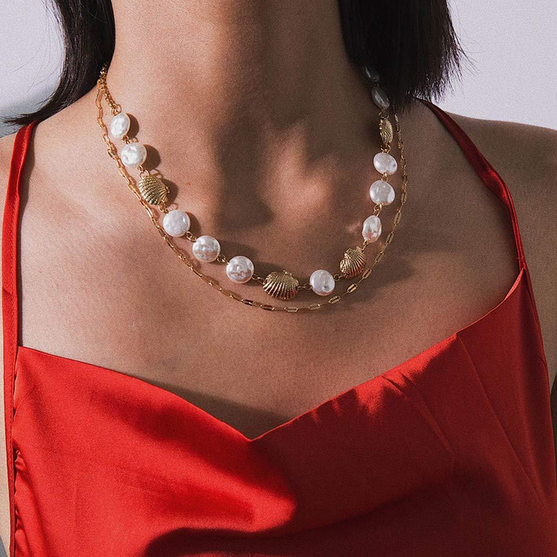 [Australia] - Jakawin Pearl Layered Necklace Shell Gold Multi-layered Necklaces Adjustable Chain for Women and Girls NK156 