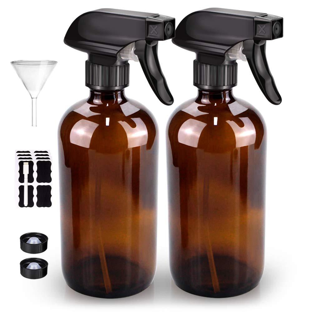 [Australia] - Glass Spray Bottle, Bontip Amber Glass Spray Bottle Set & Accessories for Non-toxic Window Cleaners Aromatherapy Facial hydration Watering Flowers Hair Care (2 Pack/16oz) (Amber) 