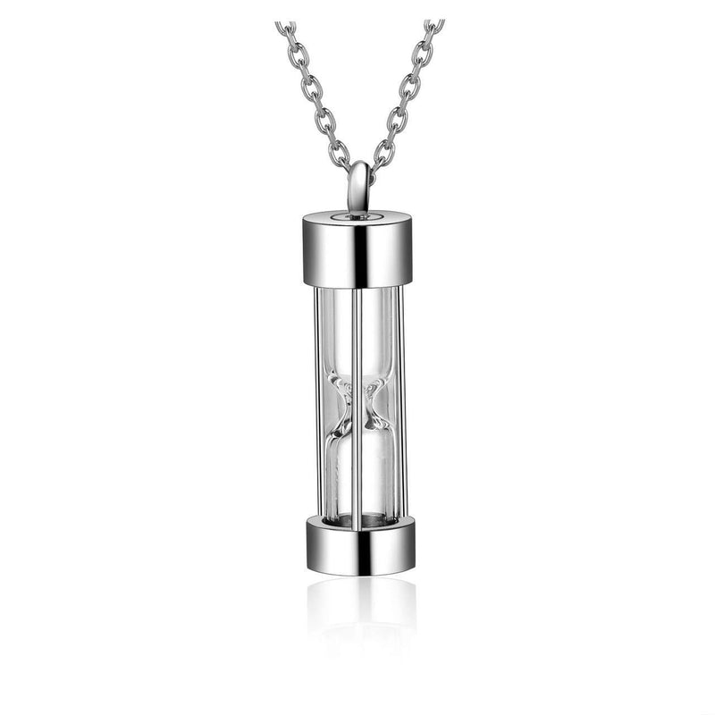 [Australia] - Zysta Glass Hourglass Ashes Keepsake Necklace Personalized Cylinder Tube Pendant Necklaces for Men Women Customized Engraved Quicksand Memorial Urns Cremation Locket Sealed Sand Ash Urn Container Silver non-engraving 